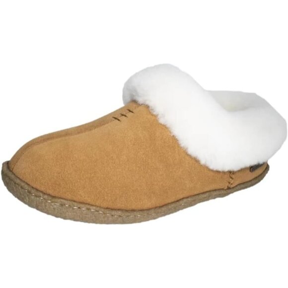 Women's Brown White Fuzzy Leather Collar Wool Lining Warm Slipper Boot Shoes - Picture 1 of 6